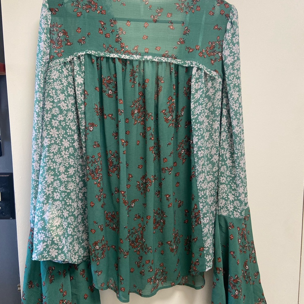Free People Teal Green Mixed-Print Floral Button Blouse - Picture 4 of 5